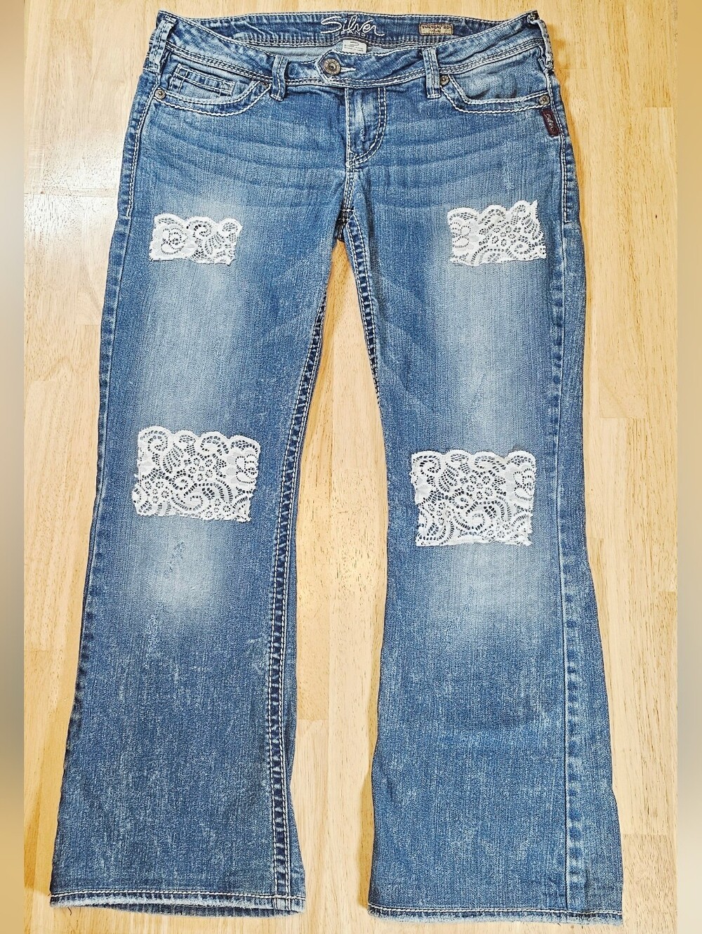 Silver Flare Jeans with Lace Patches